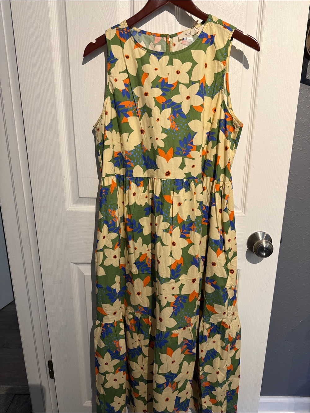 easel Olive Green Floral Midi Dress with Cream, Blue & Orange Accents